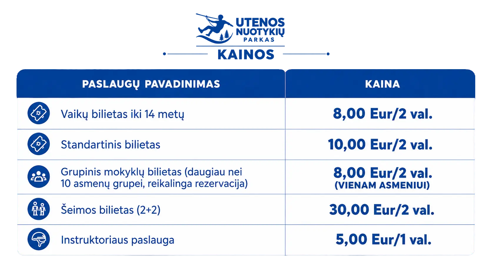 Utenos nuotykių parko kainos