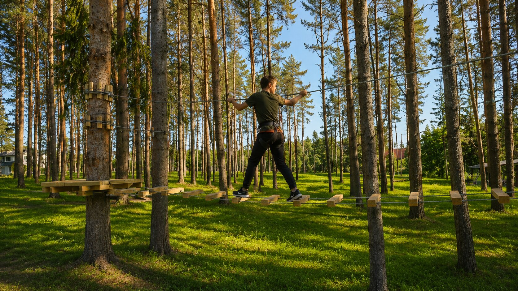 Lynų trasa saulėtame miške